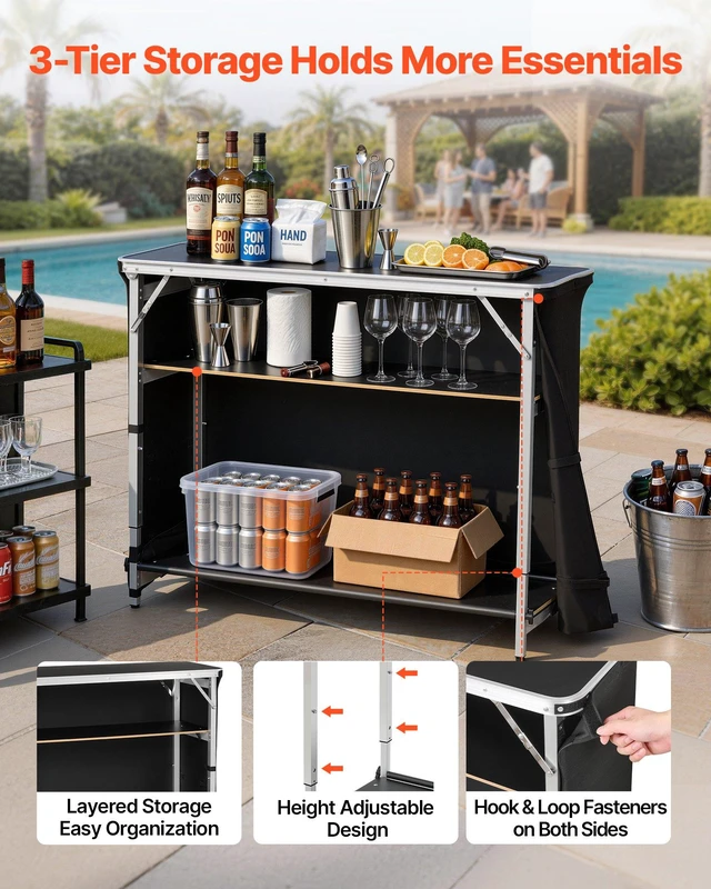 Alt view image 3 of 8 - VEVOR Folding Portable Bar Table, 43.5 x 15.4 x 39.8 in, with Carry Bag, 2 Storage Shelves, and Detachable Skirt, Quick and Easy Setup, Foldable Mobile Bartending Station for Events, Party, Tradeshow