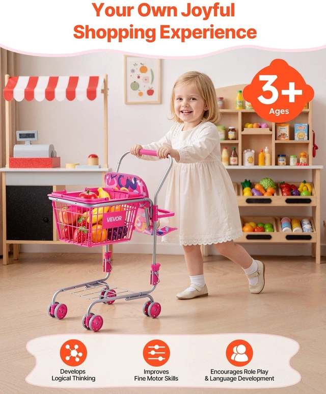 Alt view image 2 of 8 - VEVOR Shopping Cart for Kids, Sturdy Metal Frame, Toy Shopping Cart with Baby Doll, 4 Rolling Wheels, Doll Seat Carrier, Grocery Pretend Play Toy Trolley, Folds for Easy Storage, for Toddlers Ages 3+