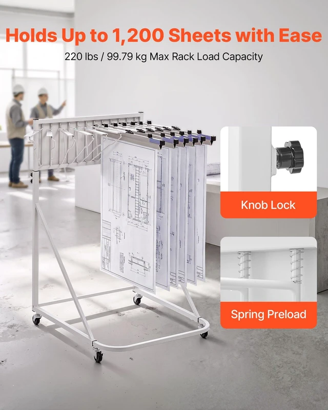 Alt view image 4 of 8 - VEVOR Blueprint Storage Rack, Steel, Mobile Adjustable Blueprint Holder with 6 Pack of 24 Inch Aluminum Clamps, 4 Wheels, Display Rack Storage Organizer Stand, for File Display Plan Poster Office Home