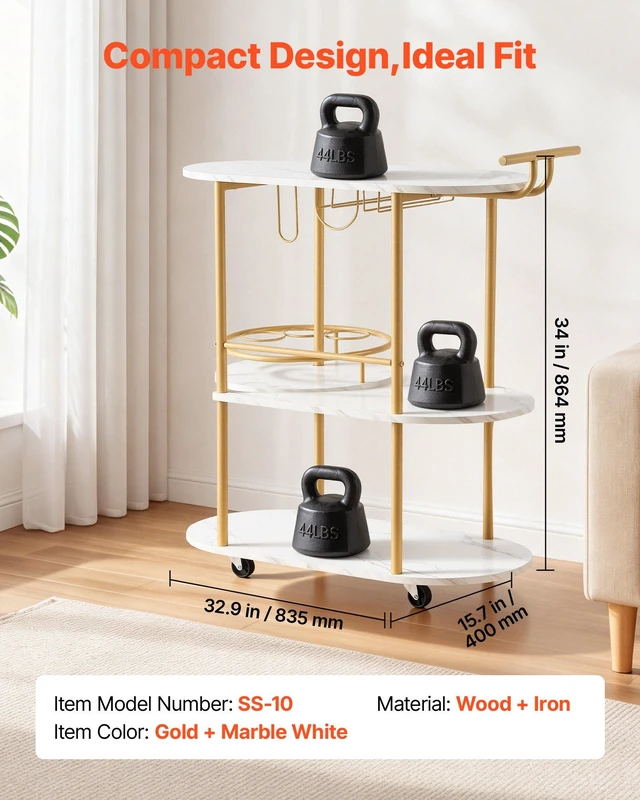 Alt view image 2 of 8 - VEVOR Bar Cart, 3 Tiers Home Kitchen Serving Carts, Modern Round Rolling Utility Station on Wheels, Mobile Drink Beverage Trolley w/ Wooden Shelf, Wine Rack, Glass Holder, for Living Dining Room, Gold
