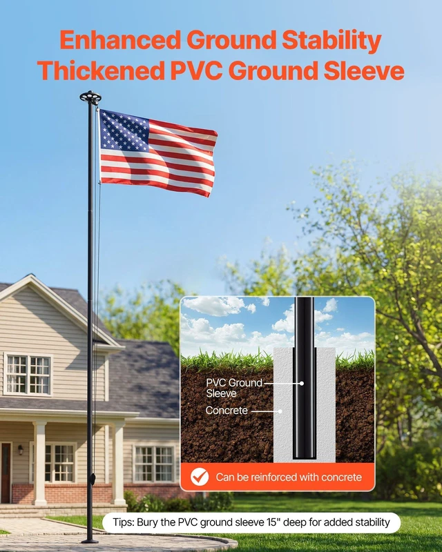 Alt view image 6 of 8 - VEVOR Flag Pole, 25ft Heavy Duty Sectional Flagpole Kit with 136 LED Solar Light for Outside House In Ground, Outdoor Aluminum Flagpole with 3x5 American Flag for Yard, Residential, Commercial, Black