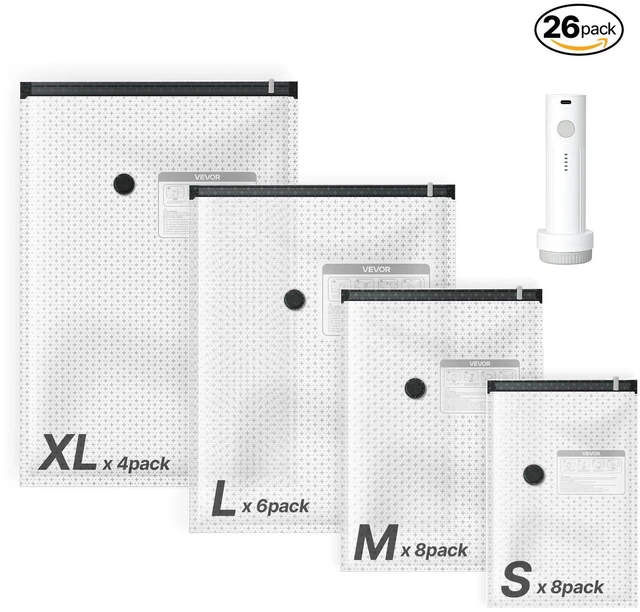 Main image of VEVOR Vacuum Storage Bags, 26 Pack Space Saver Vacuum Seal Bags for Clothing, with Pump and Charging Cable, Double Zipper Seal, Thickened PA and PE, Compression for Clothes Storage, Travel Luggage