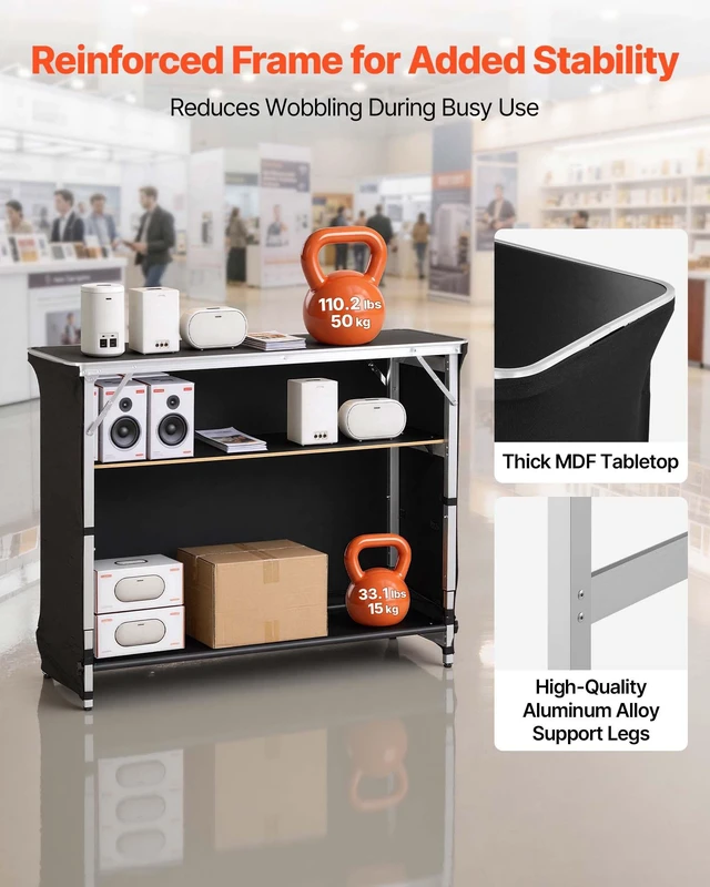 Alt view image 4 of 8 - VEVOR Folding Portable Bar Table, 43.5 x 15.4 x 39.8 in, with Carry Bag, 2 Storage Shelves, and Detachable Skirt, Quick and Easy Setup, Foldable Mobile Bartending Station for Events, Party, Tradeshow