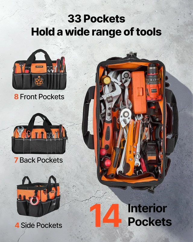 Alt view image 2 of 8 - VEVOR Tool Bag, 15.7 Inch, 33-Pocket Portable Tool Box Organizer Storage, Toolbox with Soft Handle, Large Zipper, Adjustable Shoulder Strap, Carrying Toolbag, for Men Women Dad Husband Fathers Day