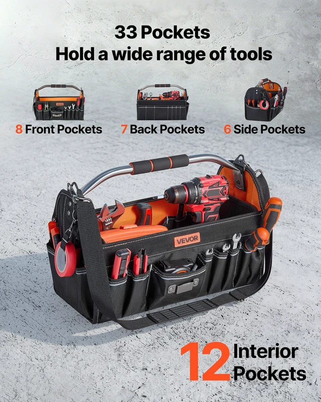 Alt view image 2 of 8 - VEVOR Tool Bag, 16.1 Inch, 33-Pocket Open Top Tool Tote, Electrical Maintenance Toolbox Organizer Storage with Handle, Adjustable Shoulder Strap, Portable Toolbag, for Professionals DIY & Jobsite Use