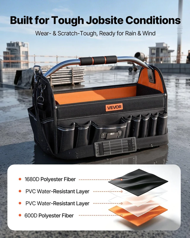 Alt view image 4 of 8 - VEVOR Tool Bag, 16.1 Inch, 33-Pocket Open Top Tool Tote, Electrical Maintenance Toolbox Organizer Storage with Handle, Adjustable Shoulder Strap, Portable Toolbag, for Professionals DIY & Jobsite Use
