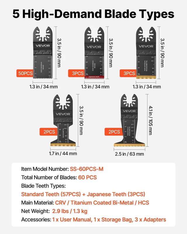 Alt view image 7 of 8 - VEVOR 60PCS Oscillating Saw Blades, Universal Quick Release Multi Tool Blades Kits, 5 Types Oscillating Multitool Blades for Wood Plastic Metal, Compatible with Dewalt Ryobi Milwaukee Bosch Craftsman