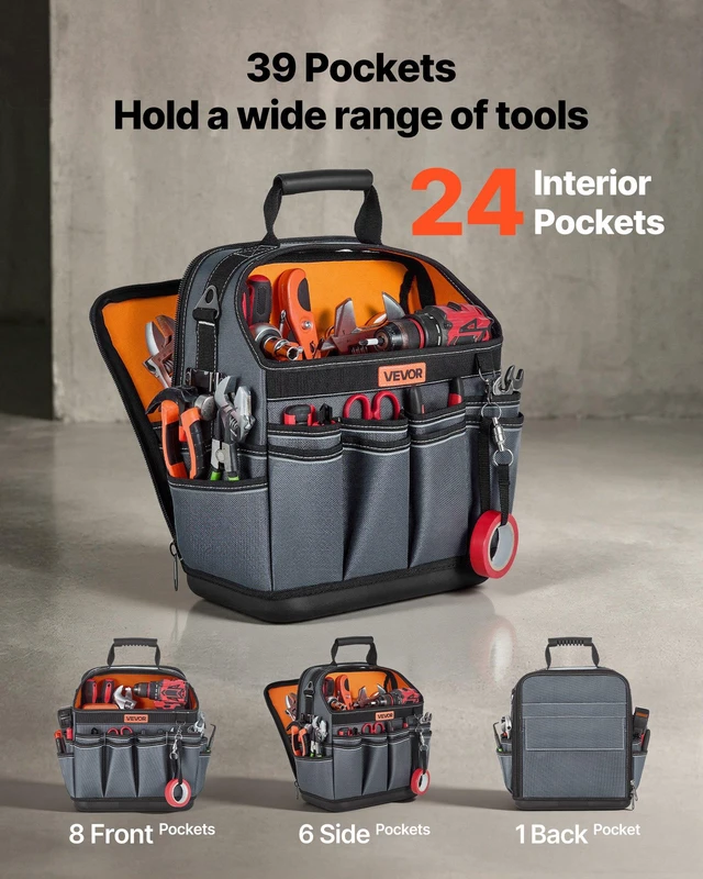 Alt view image 2 of 8 - VEVOR Tool Bag, 13.2 Inch, 39-Pocket Open Top Tool Pouch, Portable Electrical Maintenance Toolbox Organizer Storage with Hard Plastic Base, Adjustable Shoulder Strap, for Professionals DIY & Jobsite