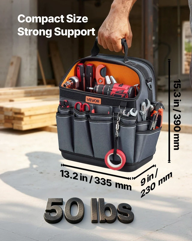 Alt view image 3 of 8 - VEVOR Tool Bag, 13.2 Inch, 39-Pocket Open Top Tool Pouch, Portable Electrical Maintenance Toolbox Organizer Storage with Hard Plastic Base, Adjustable Shoulder Strap, for Professionals DIY & Jobsite