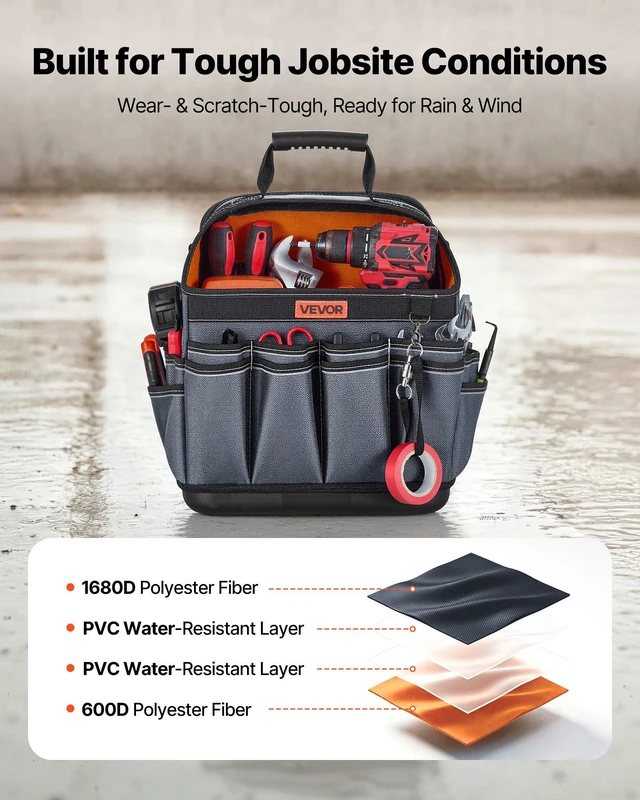Alt view image 4 of 8 - VEVOR Tool Bag, 13.2 Inch, 39-Pocket Open Top Tool Pouch, Portable Electrical Maintenance Toolbox Organizer Storage with Hard Plastic Base, Adjustable Shoulder Strap, for Professionals DIY & Jobsite
