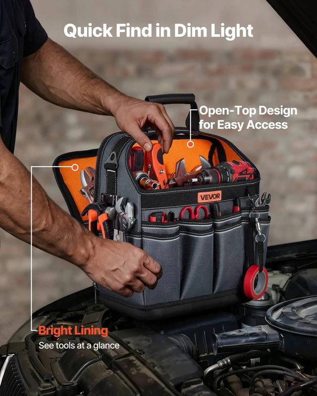 Alt view image 6 of 8 - VEVOR Tool Bag, 13.2 Inch, 39-Pocket Open Top Tool Pouch, Portable Electrical Maintenance Toolbox Organizer Storage with Hard Plastic Base, Adjustable Shoulder Strap, for Professionals DIY & Jobsite