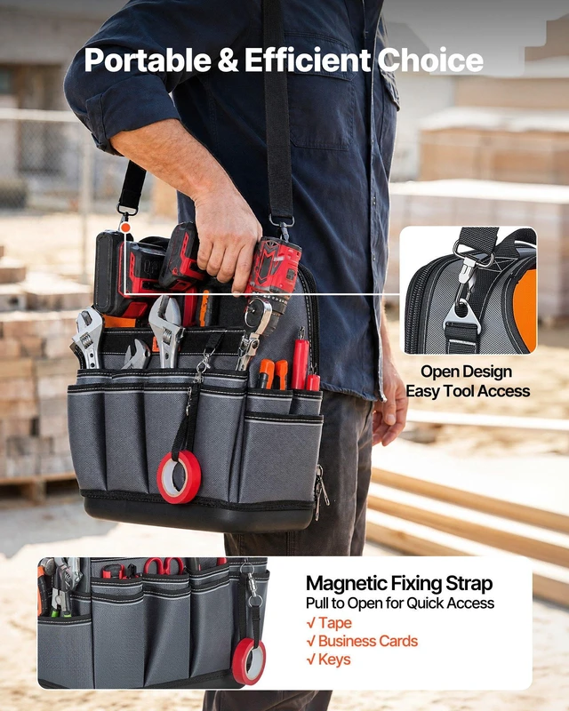 Alt view image 7 of 8 - VEVOR Tool Bag, 13.2 Inch, 39-Pocket Open Top Tool Pouch, Portable Electrical Maintenance Toolbox Organizer Storage with Hard Plastic Base, Adjustable Shoulder Strap, for Professionals DIY & Jobsite