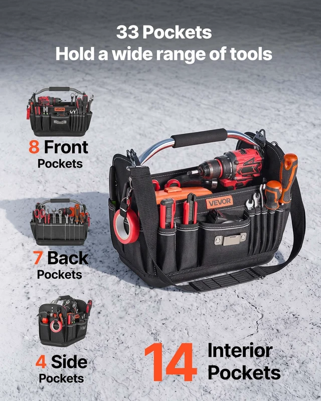 Alt view image 2 of 8 - VEVOR Tool Bag, 13 Inch, 33-Pocket Open Top Tool Tote, Portable Electrical Maintenance Toolbox Organizer Storage with Hard Plastic Base, Adjustable Shoulder Strap, for Professionals DIY & Jobsite Use