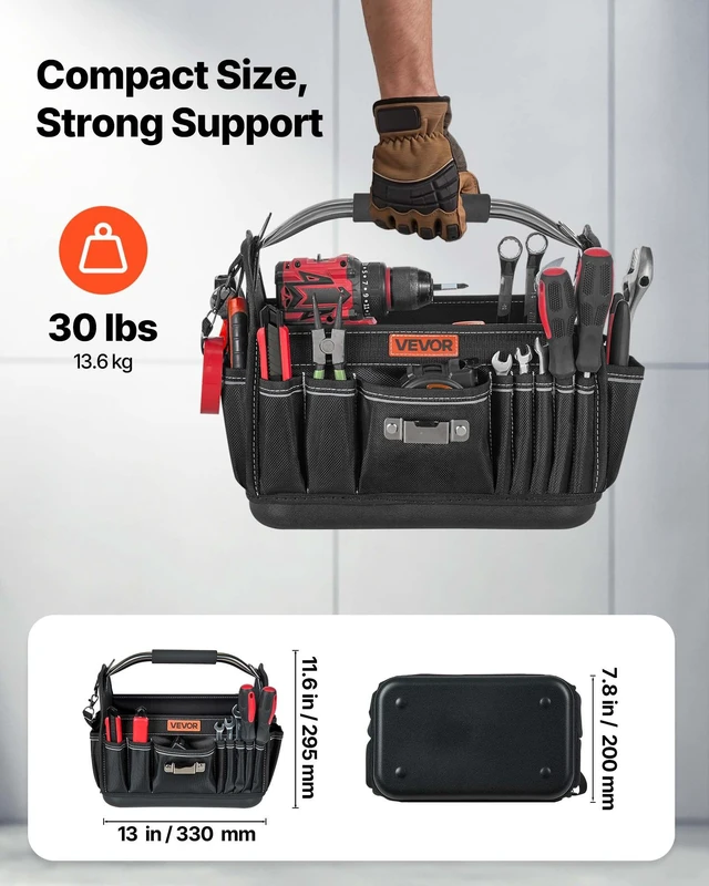 Alt view image 3 of 8 - VEVOR Tool Bag, 13 Inch, 33-Pocket Open Top Tool Tote, Portable Electrical Maintenance Toolbox Organizer Storage with Hard Plastic Base, Adjustable Shoulder Strap, for Professionals DIY & Jobsite Use