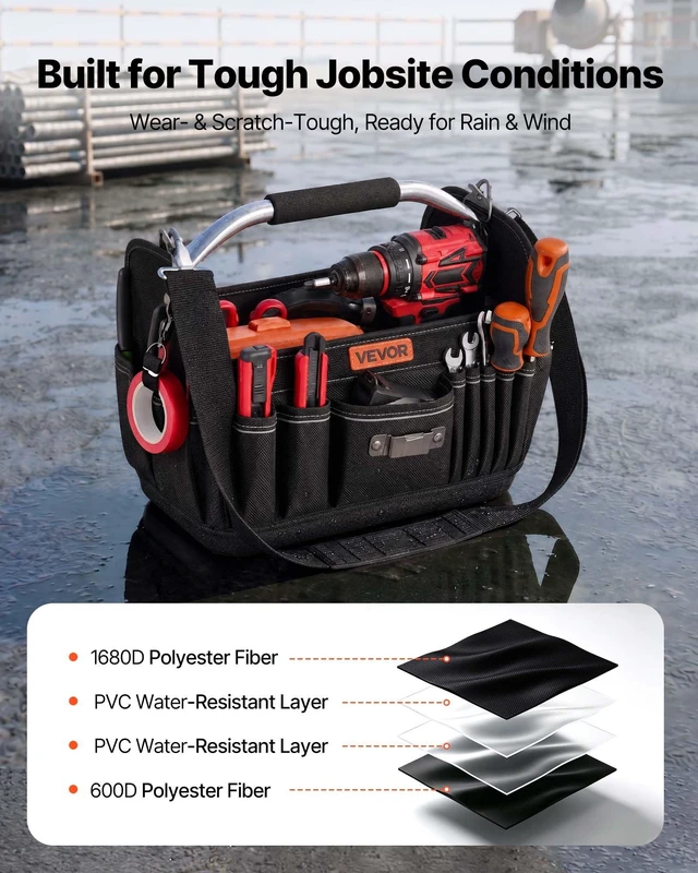 Alt view image 4 of 8 - VEVOR Tool Bag, 13 Inch, 33-Pocket Open Top Tool Tote, Portable Electrical Maintenance Toolbox Organizer Storage with Hard Plastic Base, Adjustable Shoulder Strap, for Professionals DIY & Jobsite Use