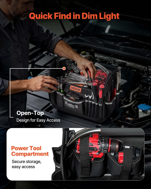 Alt view image 6 of 8 - VEVOR Tool Bag, 13 Inch, 33-Pocket Open Top Tool Tote, Portable Electrical Maintenance Toolbox Organizer Storage with Hard Plastic Base, Adjustable Shoulder Strap, for Professionals DIY & Jobsite Use