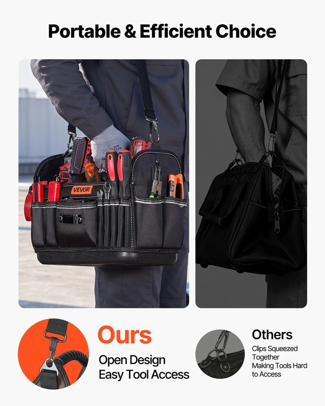 Alt view image 7 of 8 - VEVOR Tool Bag, 13 Inch, 33-Pocket Open Top Tool Tote, Portable Electrical Maintenance Toolbox Organizer Storage with Hard Plastic Base, Adjustable Shoulder Strap, for Professionals DIY & Jobsite Use
