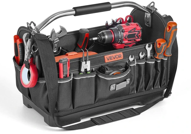 Main image of VEVOR Tool Bag, 16.1 Inch, 33-Pocket Open Top Tool Tote, Portable Electrical Maintenance Toolbox Organizer Storage with Hard Plastic Base, Adjustable Shoulder Strap, for Professionals DIY & Jobsite