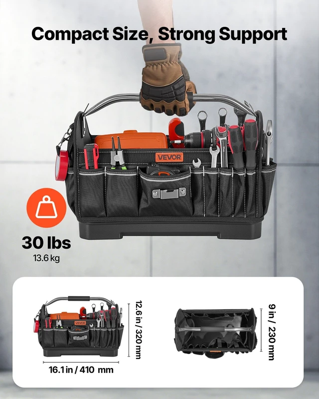 Alt view image 3 of 8 - VEVOR Tool Bag, 16.1 Inch, 33-Pocket Open Top Tool Tote, Portable Electrical Maintenance Toolbox Organizer Storage with Hard Plastic Base, Adjustable Shoulder Strap, for Professionals DIY & Jobsite