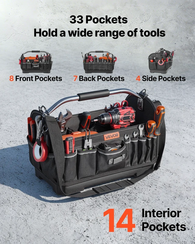 Alt view image 2 of 8 - VEVOR Tool Bag, 16.1 Inch, 33-Pocket Open Top Tool Tote, Portable Electrical Maintenance Toolbox Organizer Storage with Hard Plastic Base, Adjustable Shoulder Strap, for Professionals DIY & Jobsite