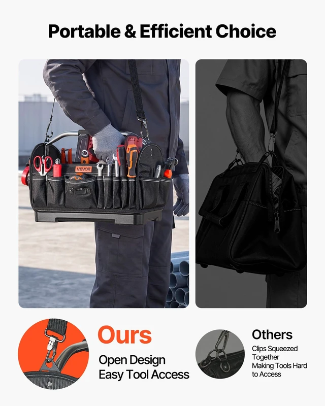 Alt view image 7 of 8 - VEVOR Tool Bag, 16.1 Inch, 33-Pocket Open Top Tool Tote, Portable Electrical Maintenance Toolbox Organizer Storage with Hard Plastic Base, Adjustable Shoulder Strap, for Professionals DIY & Jobsite