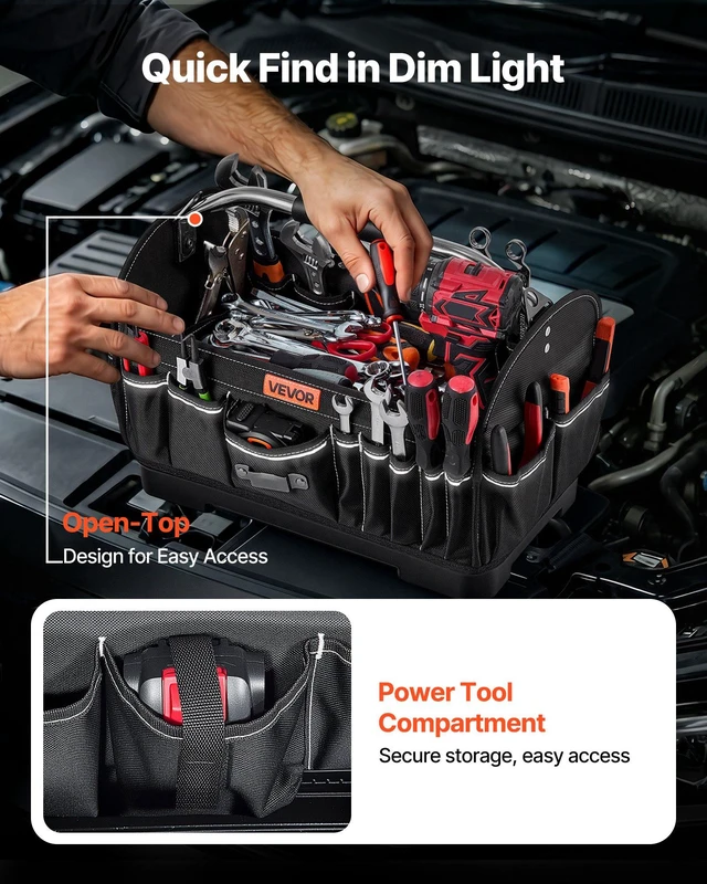 Alt view image 6 of 8 - VEVOR Tool Bag, 16.1 Inch, 33-Pocket Open Top Tool Tote, Portable Electrical Maintenance Toolbox Organizer Storage with Hard Plastic Base, Adjustable Shoulder Strap, for Professionals DIY & Jobsite