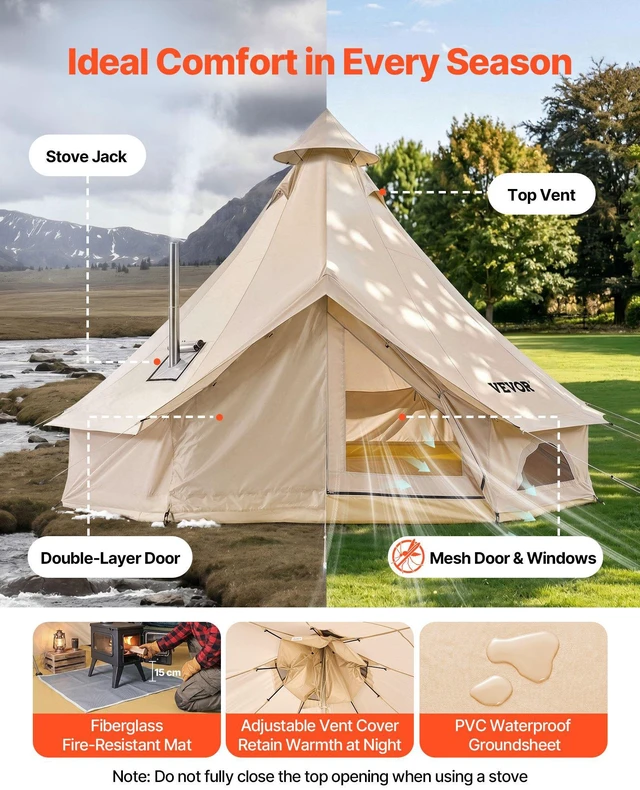 Alt view image 5 of 8 - VEVOR Oxford Bell Tent, 4 Seasons 13.12 ft Yurt Tent for Camping with Stove Jack, Waterproof Breathable Holds up to 4 People with Zipped Detachable Floor, Family Camping Glamping Outdoor Hunting Party