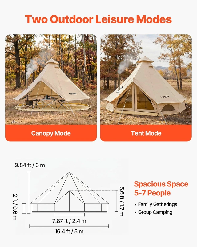 Alt view image 2 of 8 - VEVOR Oxford Bell Tent, 4 Seasons 16.4 ft Yurt Tent for Camping with Stove Jack, Waterproof Breathable Holds up to 7 People with Zipped Detachable Floor, Family Camping Glamping Outdoor Hunting Party