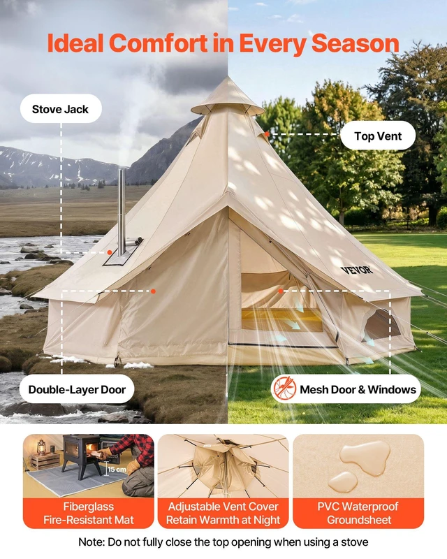 Alt view image 5 of 8 - VEVOR Oxford Bell Tent, 4 Seasons 16.4 ft Yurt Tent for Camping with Stove Jack, Waterproof Breathable Holds up to 7 People with Zipped Detachable Floor, Family Camping Glamping Outdoor Hunting Party