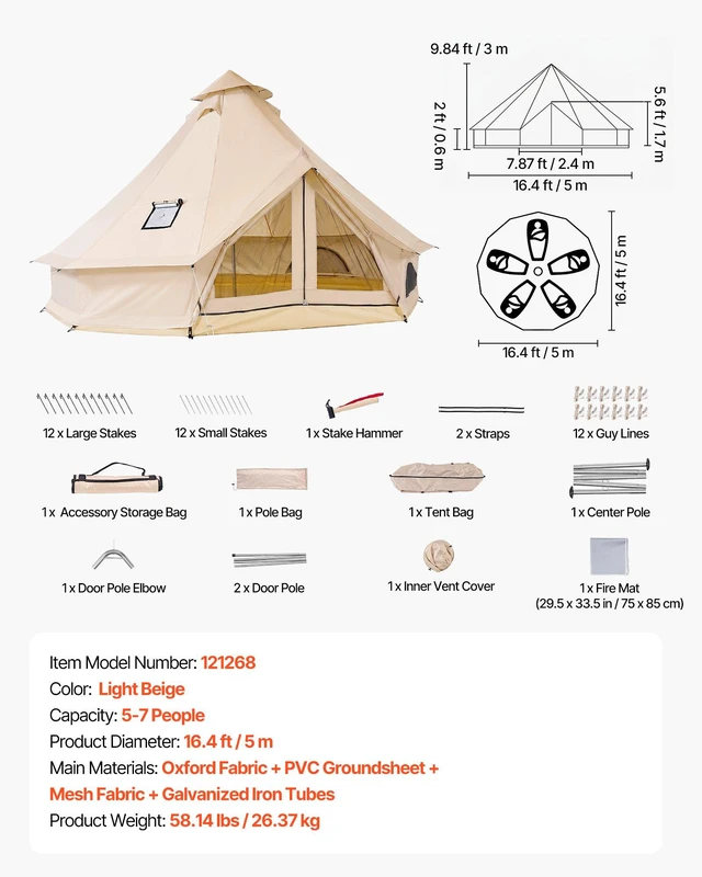 Alt view image 7 of 8 - VEVOR Oxford Bell Tent, 4 Seasons 16.4 ft Yurt Tent for Camping with Stove Jack, Waterproof Breathable Holds up to 7 People with Zipped Detachable Floor, Family Camping Glamping Outdoor Hunting Party