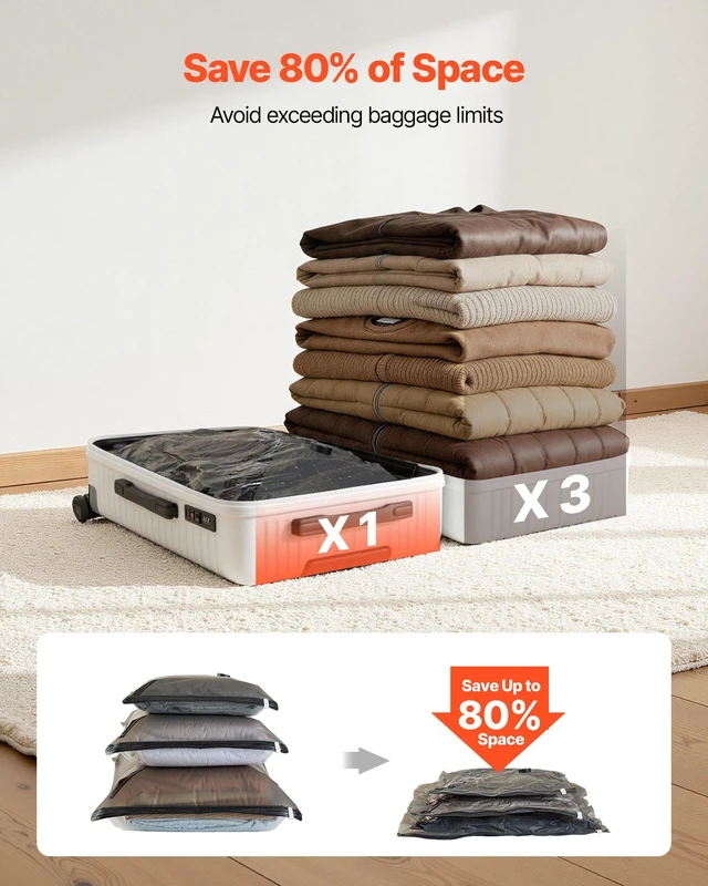 Alt view image 3 of 8 - VEVOR Vacuum Storage Bags, 16 Pack Space Saver Vacuum Seal Bags for Clothing, with Pump and Charging Cable, Double Zipper Seal, Thickened PA and PE, Compression for Clothes Storage, Travel Luggage