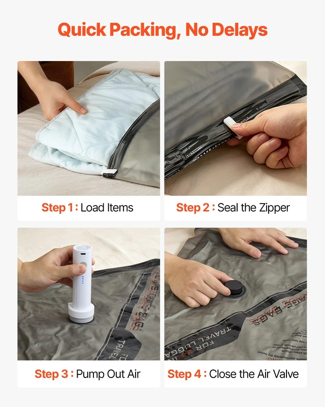 Alt view image 6 of 8 - VEVOR Vacuum Storage Bags, 16 Pack Space Saver Vacuum Seal Bags for Clothing, with Pump and Charging Cable, Double Zipper Seal, Thickened PA and PE, Compression for Clothes Storage, Travel Luggage