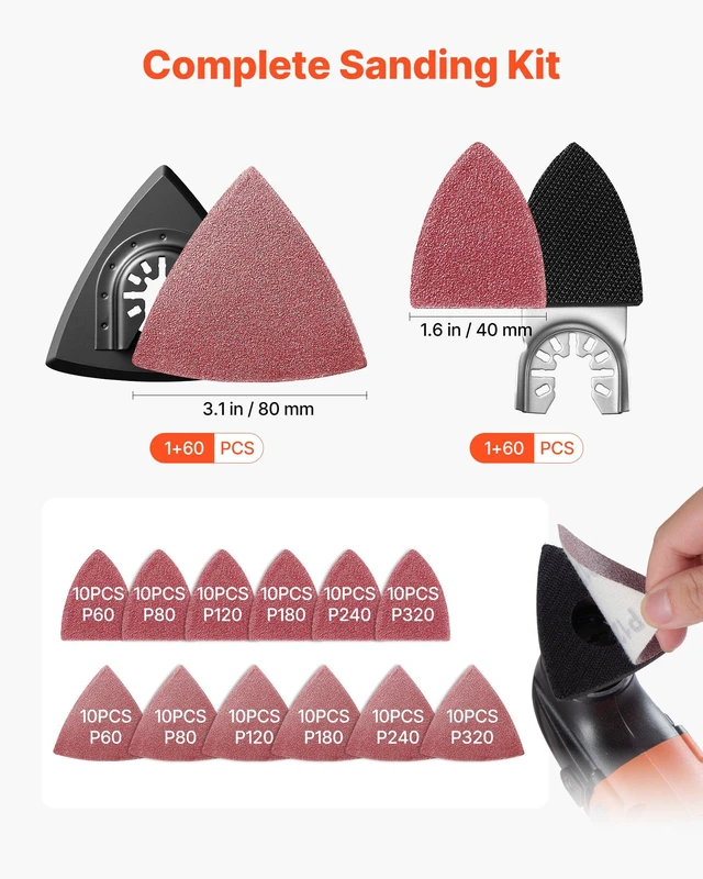 Alt view image 7 of 8 - VEVOR 160-Piece Oscillating Saw Blades and Sanding Kit 36 Universal Multi Tool Blades with 2 Scrapers, 2 Sanding Pads & 120 Sandpapers, 11 Types Oscillating Multitool Blades for Wood Plastic Metal