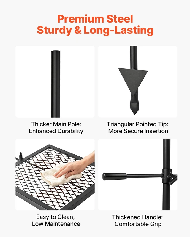 Alt view image 3 of 8 - VEVOR Heavy Duty Swivel Campfire Grill, 16" Portable Camping Grill Grate, Sturdy Steel BBQ Mesh, 360° Height Adjustable Over Fire Pit Equipment with Carrying Bag, for Outdoor Open Flame Cooking, Black