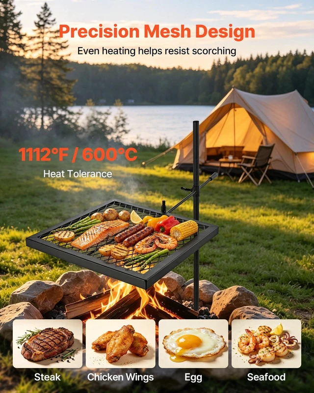 Alt view image 4 of 8 - VEVOR Heavy Duty Swivel Campfire Grill, 16" Portable Camping Grill Grate, Sturdy Steel BBQ Mesh, 360° Height Adjustable Over Fire Pit Equipment with Carrying Bag, for Outdoor Open Flame Cooking, Black