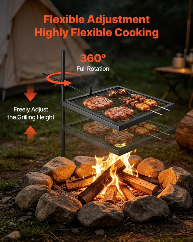 Alt view image 5 of 8 - VEVOR Heavy Duty Swivel Campfire Grill, 16" Portable Camping Grill Grate, Sturdy Steel BBQ Mesh, 360° Height Adjustable Over Fire Pit Equipment with Carrying Bag, for Outdoor Open Flame Cooking, Black