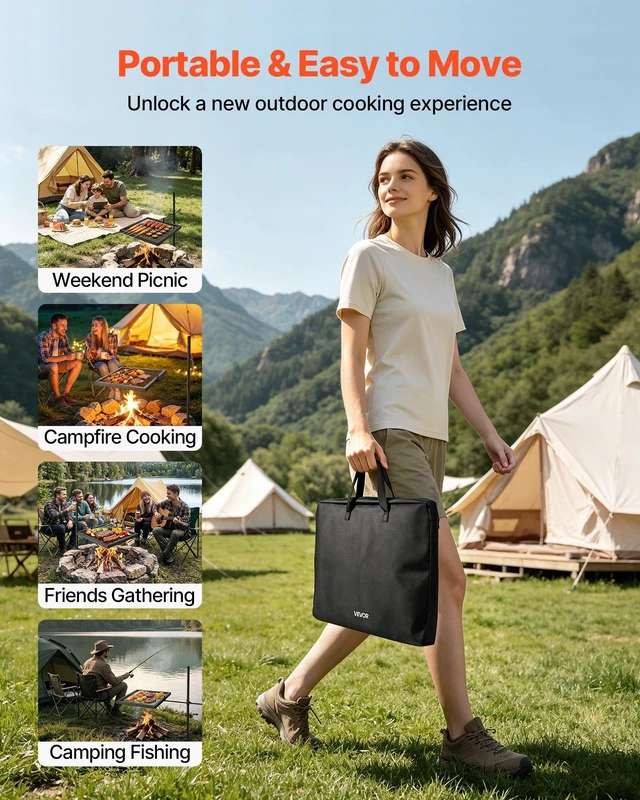 Alt view image 7 of 8 - VEVOR Heavy Duty Swivel Campfire Grill, 16" Portable Camping Grill Grate, Sturdy Steel BBQ Mesh, 360° Height Adjustable Over Fire Pit Equipment with Carrying Bag, for Outdoor Open Flame Cooking, Black