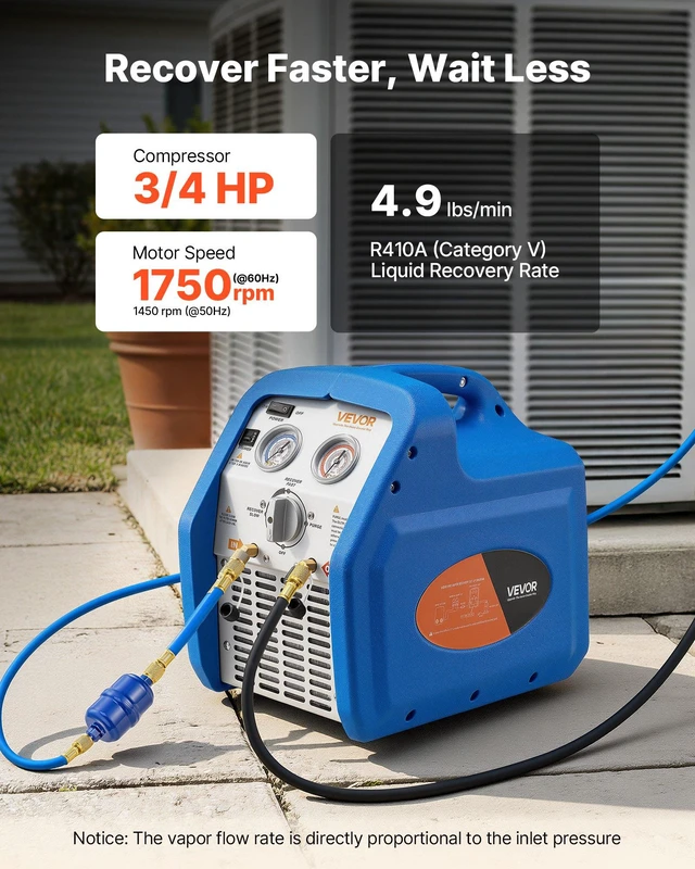 Alt view image 3 of 8 - VEVOR Portable Refrigerant Recovery Machine, 3/4 HP 120V 60Hz Single Cylinder AC Recovery Machine for Liquid Vapor Refrigerant, 1750 RPM Recycling Unit HVAC for Automotive & Household Air Conditioning