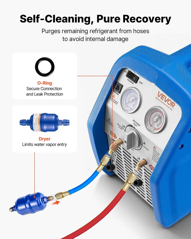 Alt view image 5 of 8 - VEVOR Portable Refrigerant Recovery Machine, 3/4 HP 120V 60Hz Single Cylinder AC Recovery Machine for Liquid Vapor Refrigerant, 1750 RPM Recycling Unit HVAC for Automotive & Household Air Conditioning
