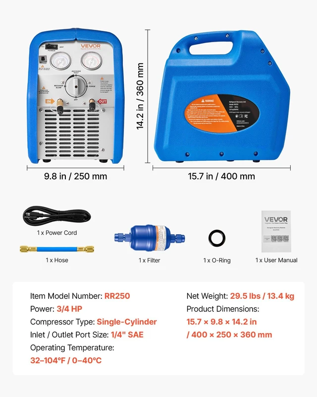 Alt view image 7 of 8 - VEVOR Portable Refrigerant Recovery Machine, 3/4 HP 120V 60Hz Single Cylinder AC Recovery Machine for Liquid Vapor Refrigerant, 1750 RPM Recycling Unit HVAC for Automotive & Household Air Conditioning