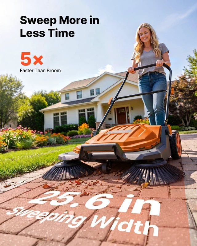 Alt view image 2 of 8 - VEVOR Walk-Behind Hand Push Floor Sweeper, Manual Floor Sweeper Non-Electric with 25.6" Sweeping Width, 5 Gallons Waste Container & Adjustable Folding Handle for Yards Walkways Patios Garages - Orange