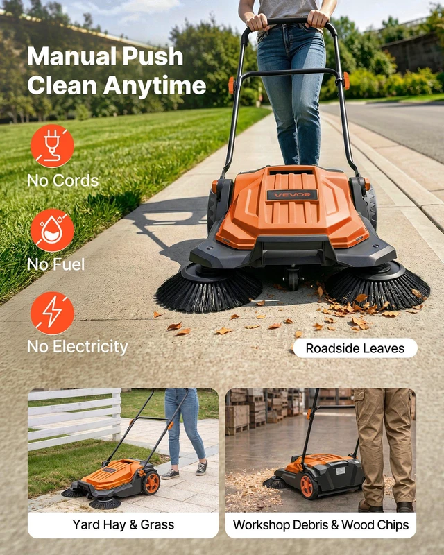 Alt view image 3 of 8 - VEVOR Walk-Behind Hand Push Floor Sweeper, Manual Floor Sweeper Non-Electric with 25.6" Sweeping Width, 5 Gallons Waste Container & Adjustable Folding Handle for Yards Walkways Patios Garages - Orange