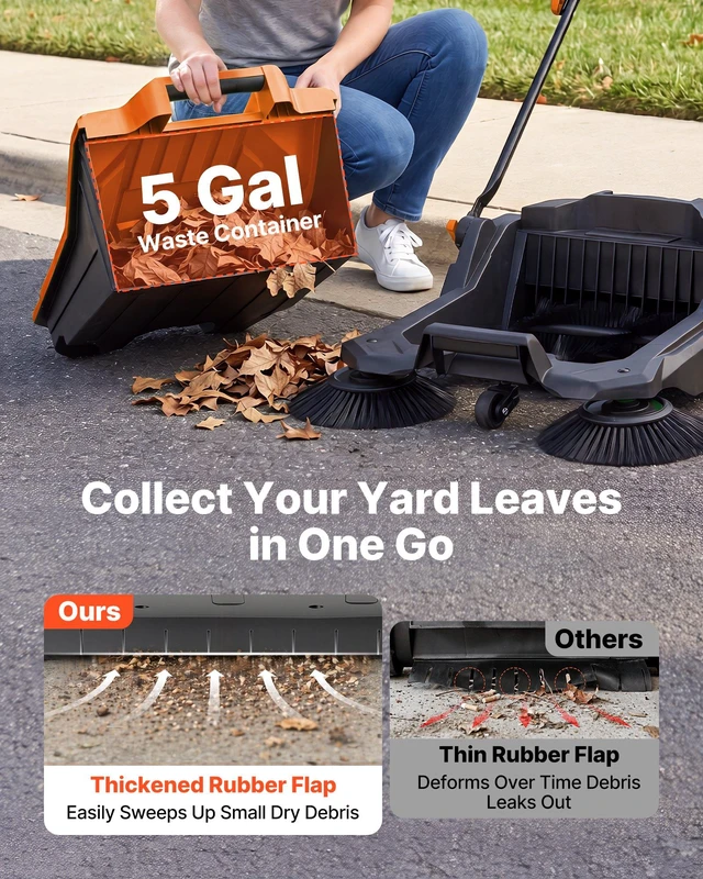 Alt view image 4 of 8 - VEVOR Walk-Behind Hand Push Floor Sweeper, Manual Floor Sweeper Non-Electric with 25.6" Sweeping Width, 5 Gallons Waste Container & Adjustable Folding Handle for Yards Walkways Patios Garages - Orange