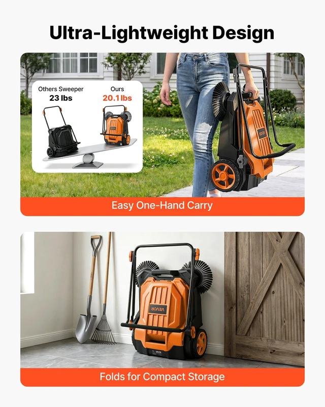 Alt view image 5 of 8 - VEVOR Walk-Behind Hand Push Floor Sweeper, Manual Floor Sweeper Non-Electric with 25.6" Sweeping Width, 5 Gallons Waste Container & Adjustable Folding Handle for Yards Walkways Patios Garages - Orange