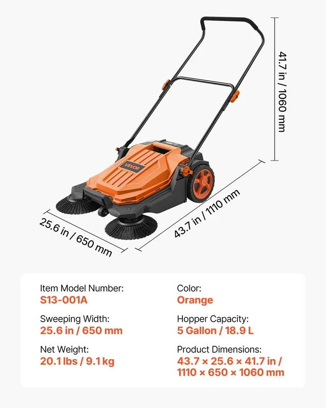 Alt view image 7 of 8 - VEVOR Walk-Behind Hand Push Floor Sweeper, Manual Floor Sweeper Non-Electric with 25.6" Sweeping Width, 5 Gallons Waste Container & Adjustable Folding Handle for Yards Walkways Patios Garages - Orange