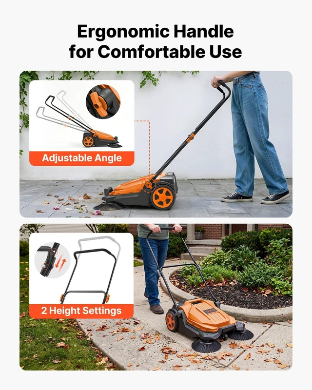 Alt view image 6 of 8 - VEVOR Walk-Behind Hand Push Floor Sweeper, Manual Floor Sweeper Non-Electric with 25.6" Sweeping Width, 5 Gallons Waste Container & Adjustable Folding Handle for Yards Walkways Patios Garages - Orange