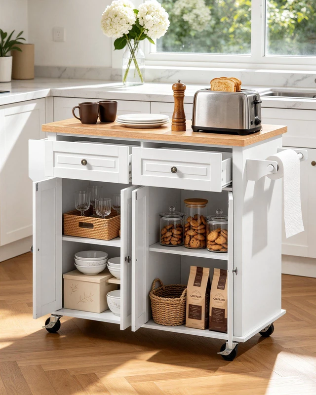 Alt view image 2 of 8 - VEVOR Kitchen Island Cart with Storage, 43.7 in Wide Mobile Rolling Storage Island on Swivel Wheels, with 2 Drawers, Storage Cabinet, Spice/Towel Rack, Hooks, Table for Home Dining Room, White