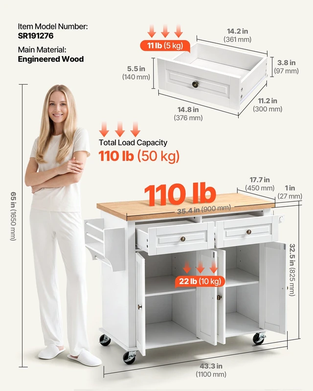 Alt view image 3 of 8 - VEVOR Kitchen Island Cart with Storage, 43.7 in Wide Mobile Rolling Storage Island on Swivel Wheels, with 2 Drawers, Storage Cabinet, Spice/Towel Rack, Hooks, Table for Home Dining Room, White