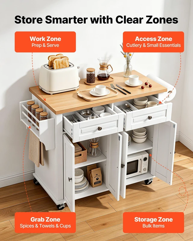 Alt view image 4 of 8 - VEVOR Kitchen Island Cart with Storage, 43.7 in Wide Mobile Rolling Storage Island on Swivel Wheels, with 2 Drawers, Storage Cabinet, Spice/Towel Rack, Hooks, Table for Home Dining Room, White