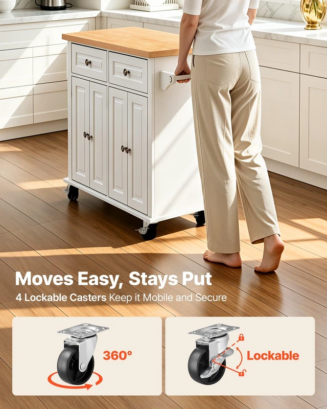 Alt view image 5 of 8 - VEVOR Kitchen Island Cart with Storage, 43.7 in Wide Mobile Rolling Storage Island on Swivel Wheels, with 2 Drawers, Storage Cabinet, Spice/Towel Rack, Hooks, Table for Home Dining Room, White